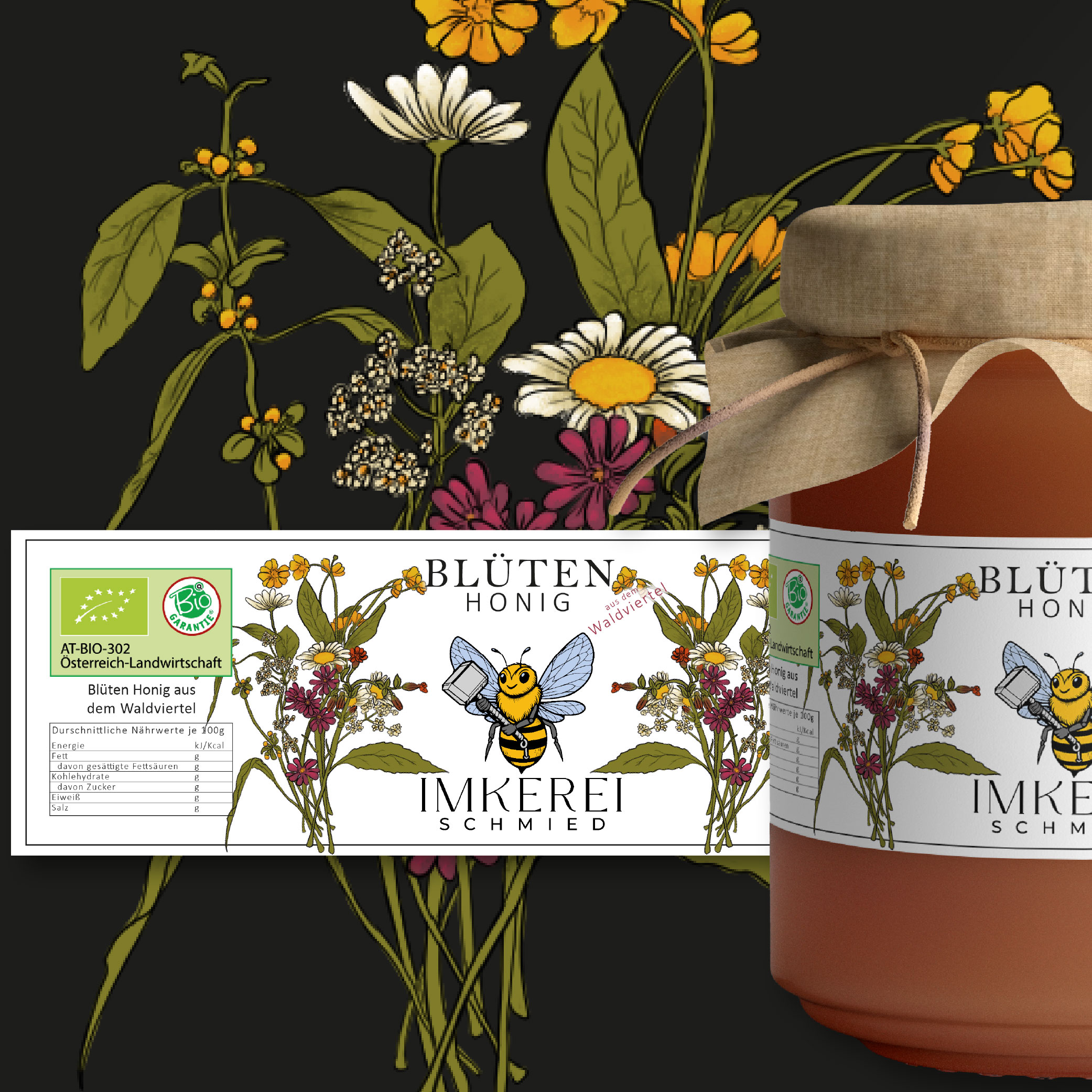etikettendesign einer Honigmarke hier mit illustration eines blumenstrauß für die sorte blütenhonig